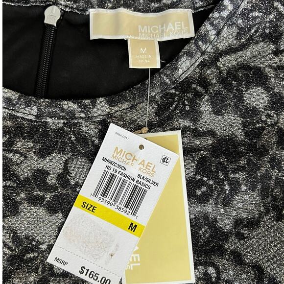 Michael Kors Black Silver Floral 3/4 Sleeve Mini Shift Dress Sz M NWT Holiday - Picture 8 of 9